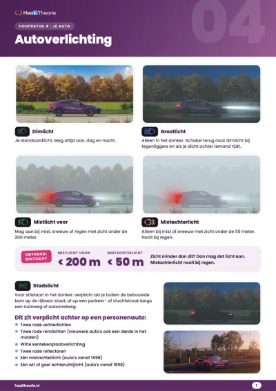 CBR Cheat Sheet, pagina 7: autoverlichting