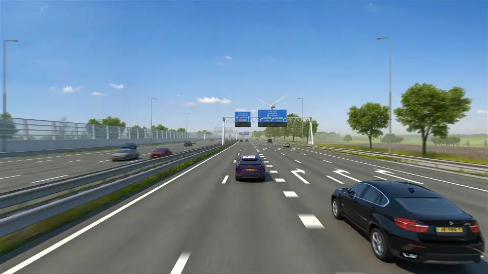 Fragment van een CBR-animatievraag: een autosnelweg vanuit de bestuurder gezien